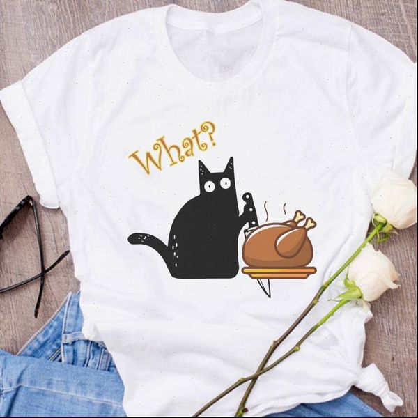 

women graphic cat casual cute cartoon thanksgiving autumn fall halloween clothes lady tees female t shirt womens t shirt, White
