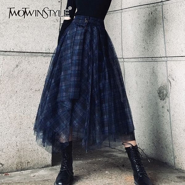 

twotwinstyle plaid patchwork mesh women's skirts high waist hit color elegant a line skirts female spring fashion new 210303, Black
