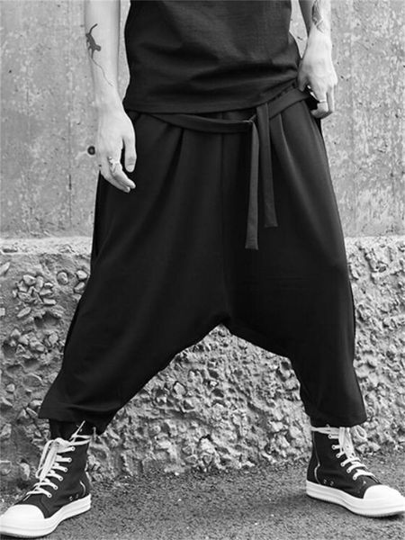 

men's pants hanging crotch spring and autumn ribbon design hair stylist rock hip hop street large size dark casual, Black