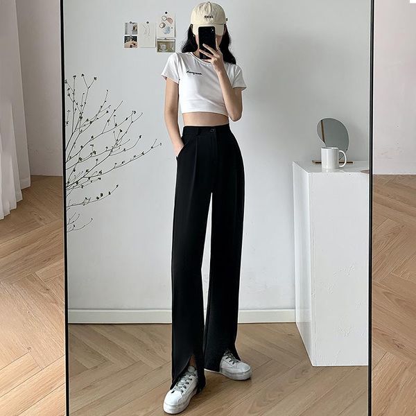 

women's pants & capris cgc 2021 fashion high waist zaraing woman casual split wide leg suit harajuku solid trousers female streetwear, Black;white
