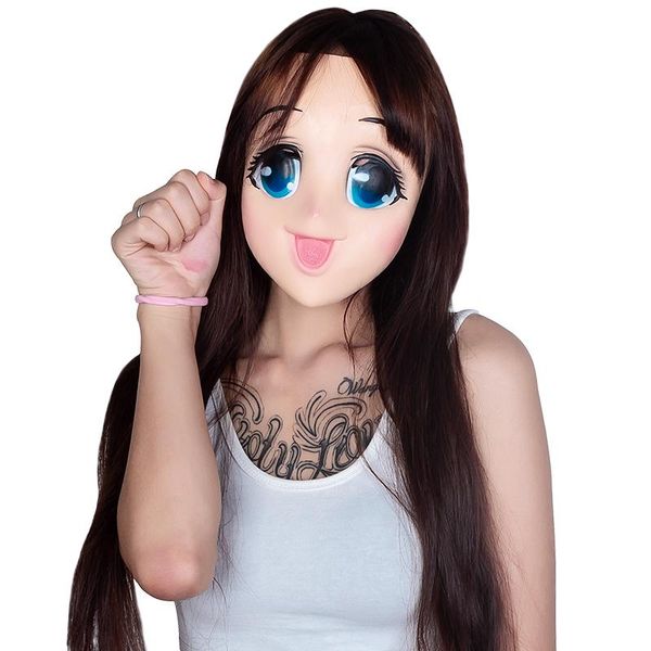 Mascheri per feste (LK102) Big Eyes Girl Girl Half Head Latex Kigurumi Maschera Cartone animato Cosplay Ruolo anime giapponese Lolita Crossdress Boll Silicone Doll