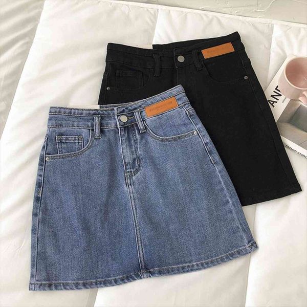 

mini a line denim womens skirt vintage straight high waist jeans summer chic petticoat streetwear, Black