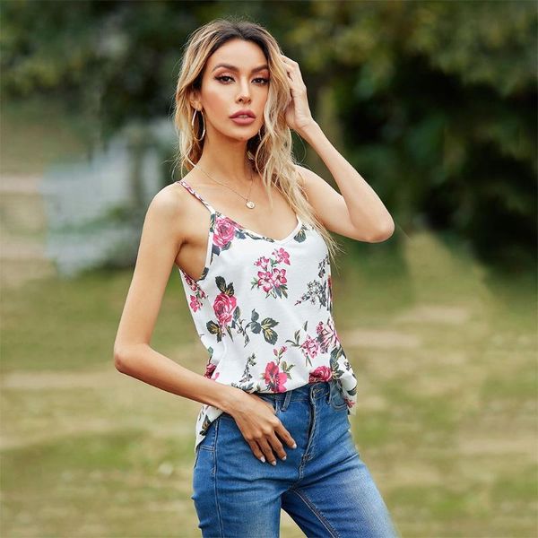 

women's tanks & camis women summer spaghetti strap tank deep v-neck backless camisole boho floral print casual loose sleeveless ves, White