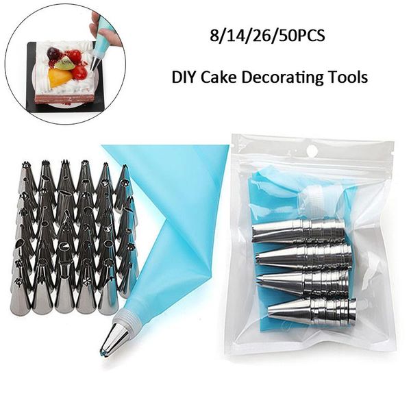 

baking & pastry tools 8/14/26/50pcs bag tips kitchen diy icing piping cream reusable bags with nozzle cake decorating set