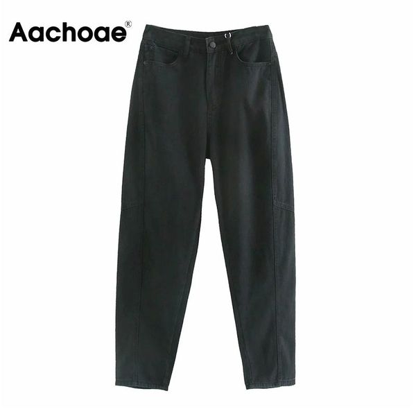 

women's jeans aachoae fashion mom women high waist cargo pants loose pockets solid denim trousers zipper long ladies bottoms, Blue