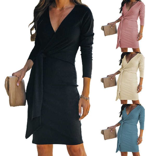 

2021 women's v-neck pit strip slim fashion belt dress, White