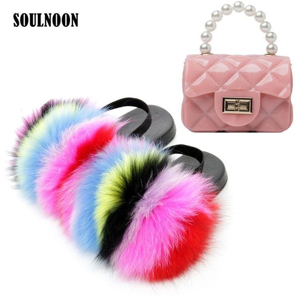 

slippers kids fur jelly purse sets children fluffy slides pearl bag girl furry flip flops summer sandals baby plush shoe, Black