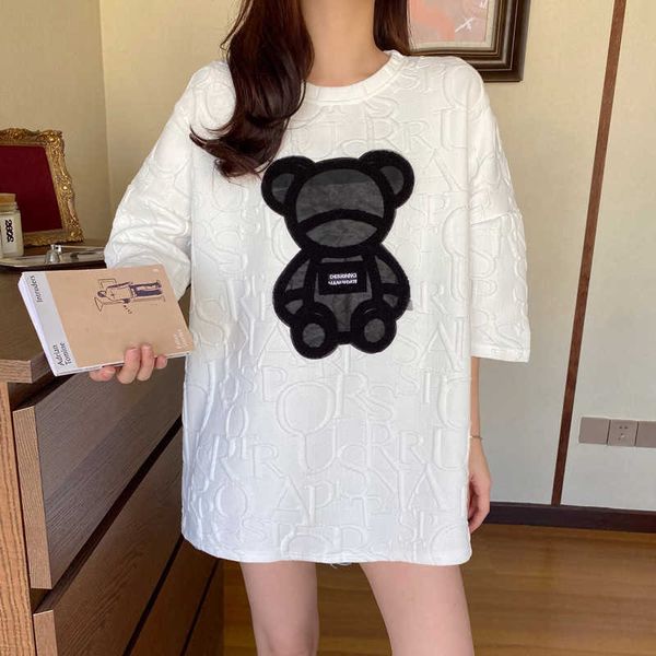 T-shirt femminili Haruku Kawaii Girls Plus size Tops lettera Jacquard O-Neck Short Short Tshirt Summer Bear White Tees 210621