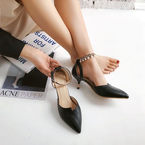

dress shoes oversized ladies high heels women woman pumps buttoned slim-heeled pointed single shoe, Black