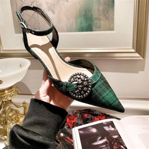 

dress shoes luxury design gingham women sandals pointed toe buckle belt high heels plaid runway show ankle strap woman slingbacks, Black