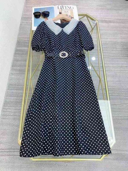 

black/white peter pan collar short sleeves women's dress designer dots print beads milan runway 06