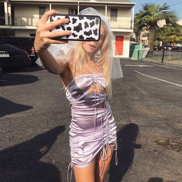 

wind 2019 summer new women's with neck, one line shoulder, open back and hollow out slim fitting dress, White