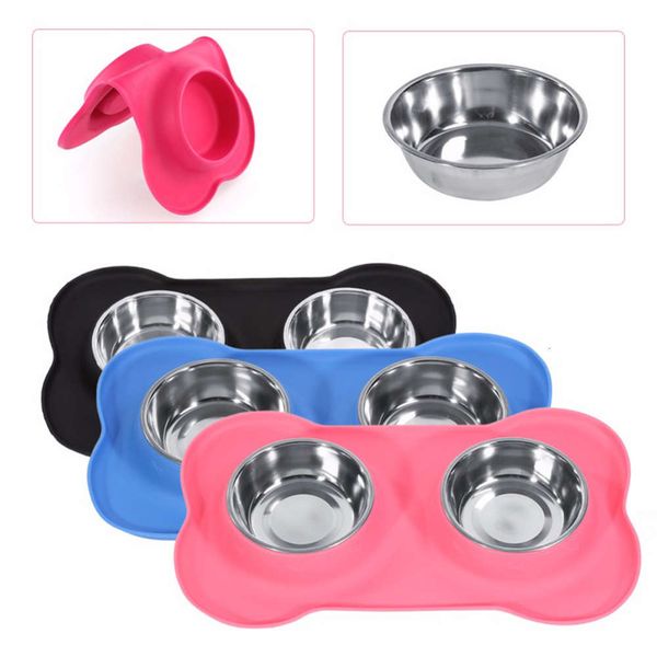 

stainls steel portable folding cat silicone double dog bowl pet products