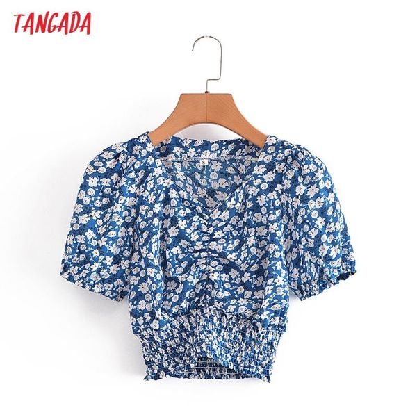 

women's blouses & shirts tangada women retro blue floral print crop shirt 2021 chic female 3a111, White