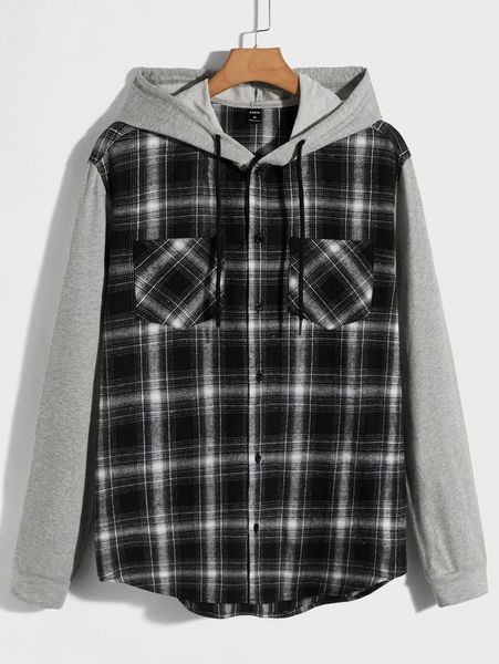 

men contrast hooded and sleeve pocket front plaid shirt b7l9#, White;black