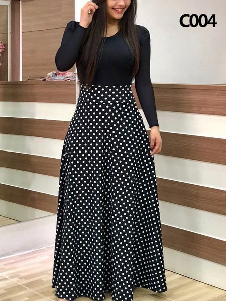 

2021 new plus size bohemian long sleeve maxi dress women christmas print dot floral patchwork bodycon high waist vintage dresses vestido icg, Black;gray