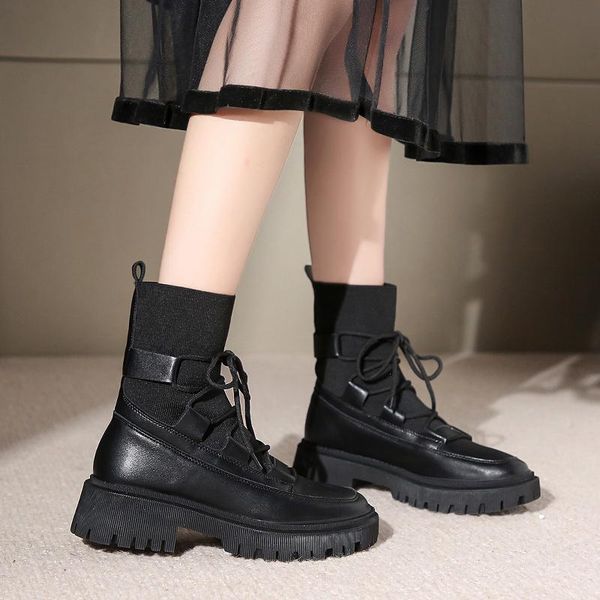 

boots black knitted platform ankle women shoes stretch fabric thick sole chunky short botas mujer 2021