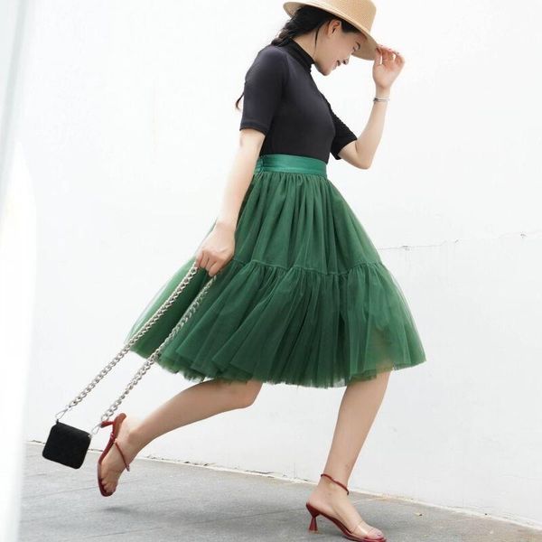 

skirts summer women chiffon layer ball gown tulle tutu cake skirt high waist boho beach casual a-line, Black