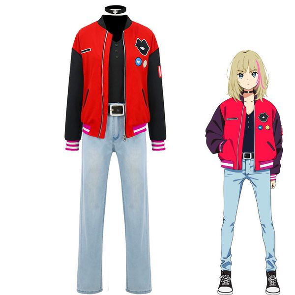 

anime costumes cosplay costume anime wonder egg priority kawai rika uniform suit fashion red jacket jeans belt accessories, Black