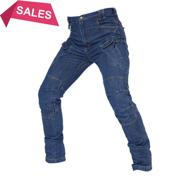 

mcikkny men's cargo tactical jeans pants multi pockets military casual denim trousers for male size s-3xl outdoor, Blue