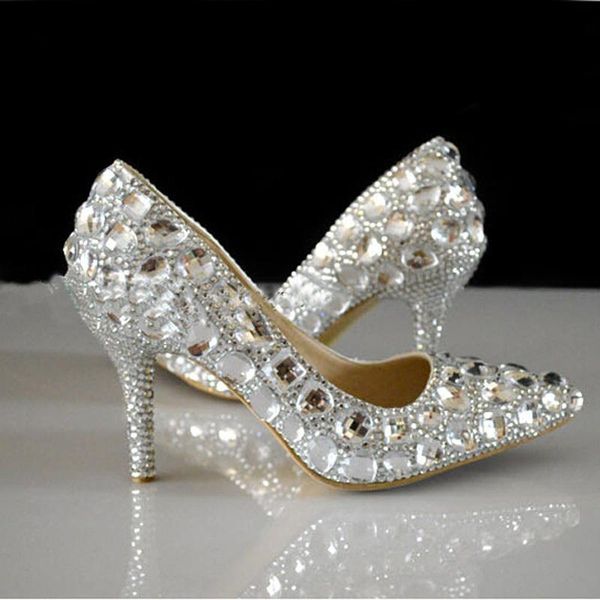 

dress shoes 2021 handmade silver rhinestone formal pointed toe crystal heels wedding 3inches high heel pumps bridesmaid, Black