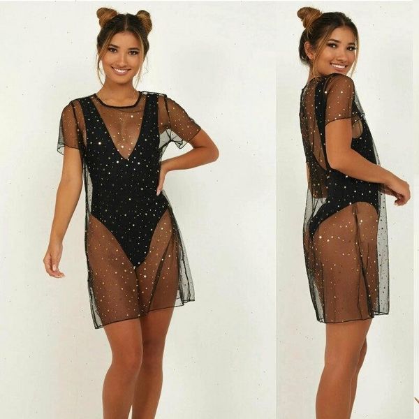 

women 1pc swimwear cover up sequined mesh dress bikini swimwear swimsuit beach, Black;gray