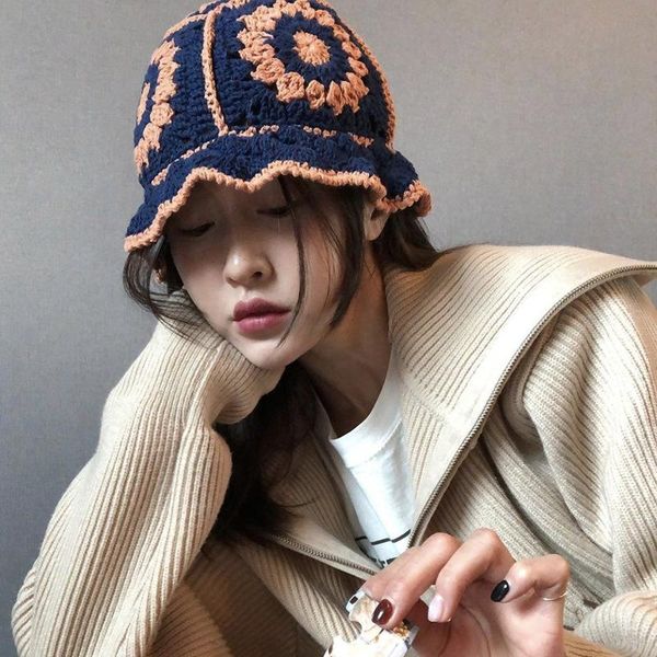 

wide brim hats cotton thread knitted hat for lady autistic fisherman women breathable color matching bucket korean version luxury, Blue;gray