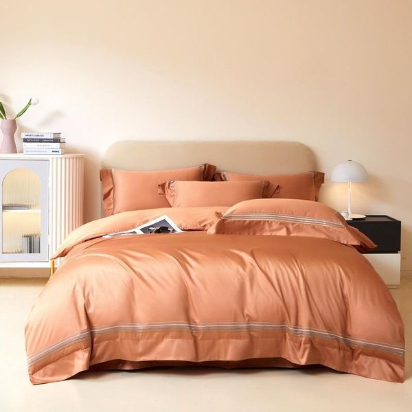 

bedding sets premium 100%egyptian cotton 4-lines embroidery orange duvet cover set luxury soft 4pcs flat/fitted sheet pillowcases