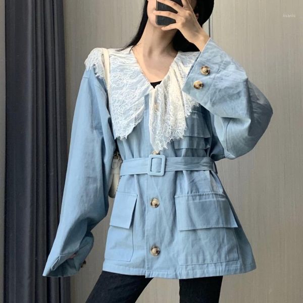 

[ewq] women 2021 korea chic casual fashion coat lapel lace single breasted loose long sleeve pocket jacket summer 16e305 women's jacket, Black;brown