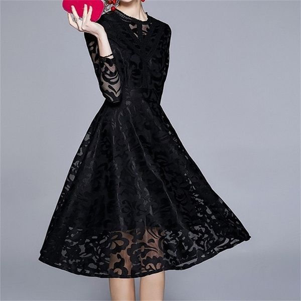 

runway women elegant bow dress embroidery lace patchwork chiffon long party summer hollow out dresses vestidos 210603, Black;gray