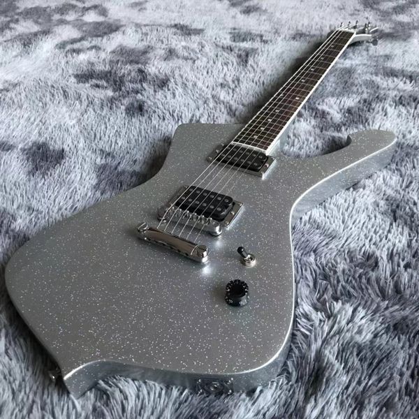 2021 NEUE Custom-E-Gitarre im Iban-Stil mit einem Kippschalter und einem Lautstärkeregler in silberner Glitzeroptik