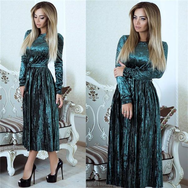 

autumn and winter new products fashion style gold velvet solid color mid length pleated waist dress womens mid length dress, Black;gray