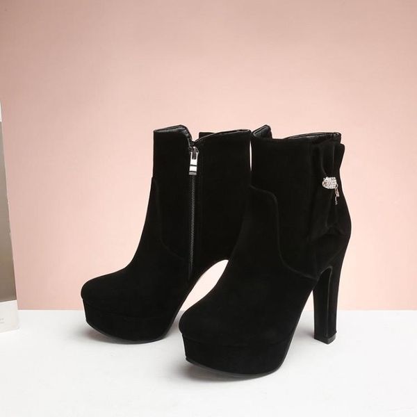 

boots big size 9 10 11-13 women shoes ankle for ladies side zipper bowknot rhinestone decoration, Black