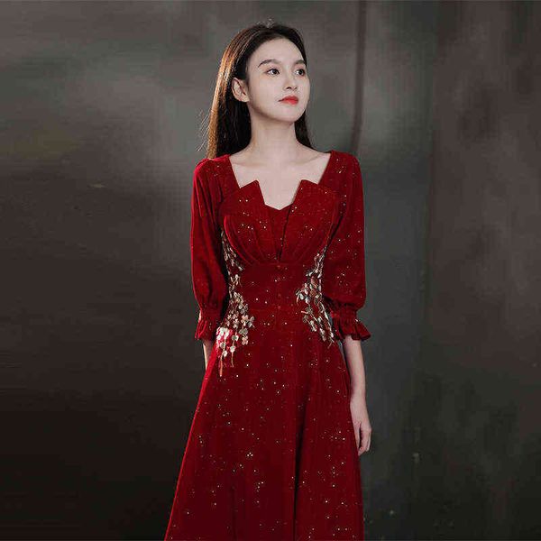 

luxury street style dresses toast bride's back casual 2021 autumn winter wine red engagement wedding small evening female, Black;pink