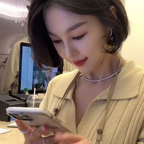 

239 zircon inlaid clavicle chain personality necklace m1_ four, Silver