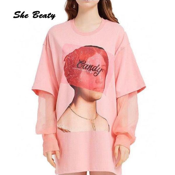 

women's t-shirt she beaty pink t shirts women 2021 summer clothes loose casual organza fake two-piece character printed tee shirt y2k g, White