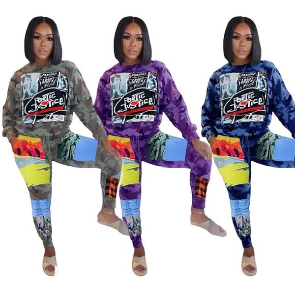 

women tracksuit camouflage long t shirt round neck hoodie pants fashion letters printed sports suit two piece set h2ola2, White