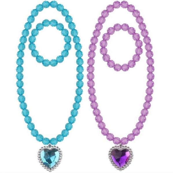 Colar de grânulos e pulseira conjunto para crianças meninas jóias com cristal coração pingente vestido acima fingir festa festa favor rosa azul roxo roxo