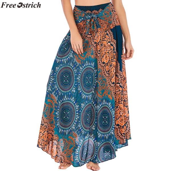 

skirts ostrich high waist bohemian women's long skirt hippie gypsy flower pattern stretch beach summer, Black