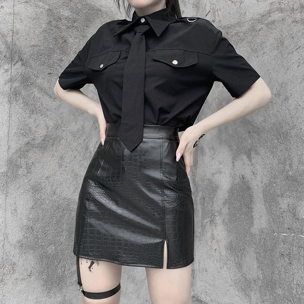 

2021 snake print pu solid side asymmetrical split with leg loop new streetwear women fashion skirt 3hpr, Black