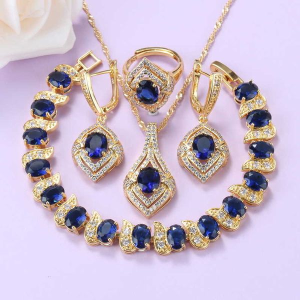 Ювелирные изделия из бразильского золота с натуральным камнем CZ синие серьги и ожерелье свадебные наборы для женщин свадебный подарок H1022