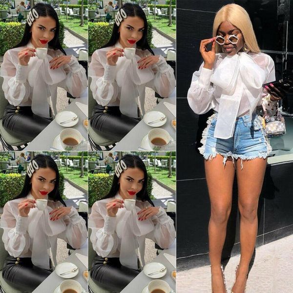 

women's blouses & shirts hirigin women fashion long sleeve button perspective office lady chiffon loose blouse shirt elegant ladies top, White