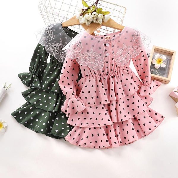 

girl's dresses spring autumn girl dress long sleeve polka dot girls lace princess teenage casual 2-6 years children clothes, Red;yellow