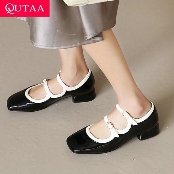 

qutaa 2021 buckle spring autumn square heel shallow female shoes mixed color pu patent leather square toe women pumps size 34-43, Black