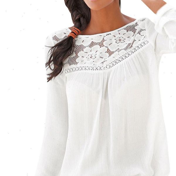 

chiffon blouse 2021 women casual long sleeve lace patchwork blouse blusas chemise femme drop shipping, White