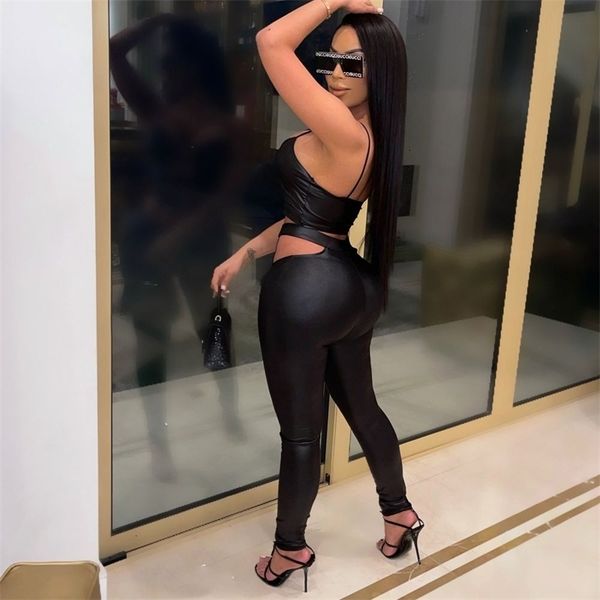 

women's leggings lace up faux pu leather two piece set women v neck crop and hollow out trouser fit club cut 2 m0f4, Black