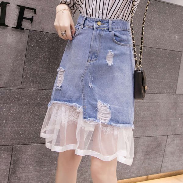 

hip hop one-step denim women's 2021 stitching spring new fashion mesh with buttocks, high waist and thin a-line skirt k, Blue