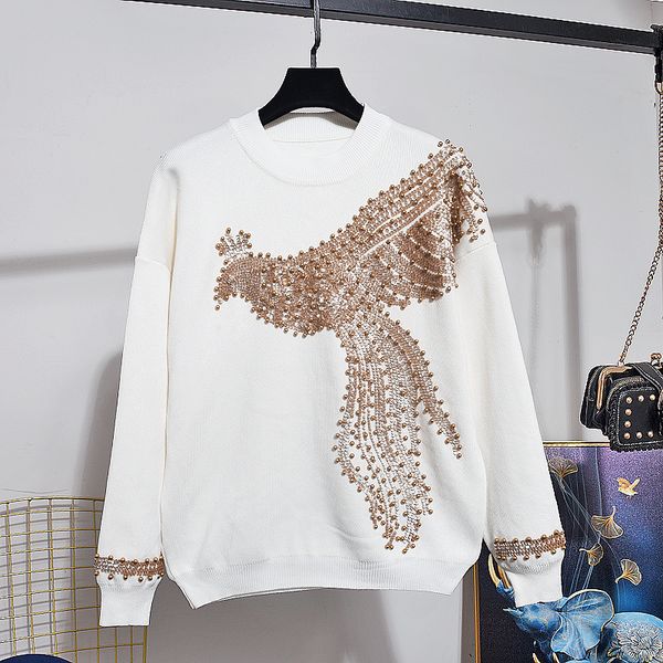 

2021 fashion tracksuit outfits white black knitted beading phoenix pattern knit sweater long pants loose 2pc women set ofyv, Blue