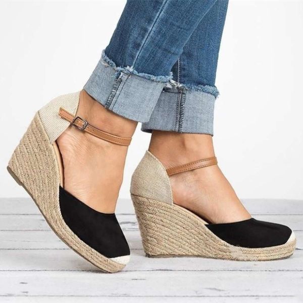 

summer fashion slope heel sho women's high buckle color matching sandals 40-43oem, Black