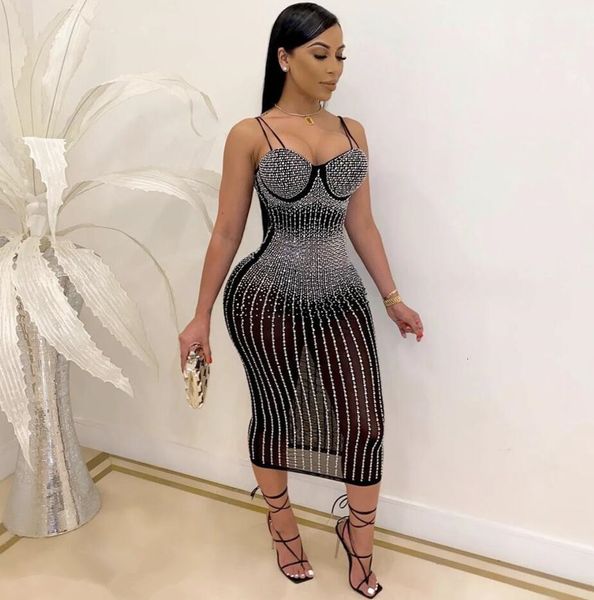 

new women spring sleeveless mesh diamonds studded black beige bodycon midi 2021 elegant evening party vestidos 0koi, Black;gray